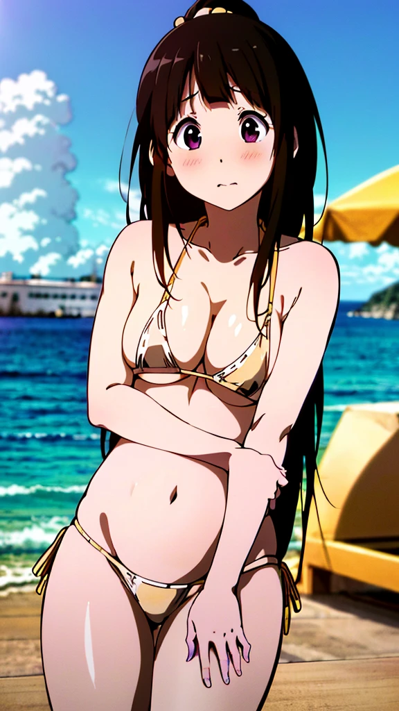 (masterpiece, 4K, highest quality, anime style: 1.9, Detailed face, Lovely, Ocean,Bold Line, High resolution, anime, Lake 4. alone, Curvaceous, slim,Cleavage, Center of chest, Embarrassed face,非常にslimなお腹, Cowboy Shot,(((Gold Yellow Bikini))),1 girl,Black Hair, Long Hair,Hairstyle up, chitanda eru,blush,((White skin)),Looking into the camera