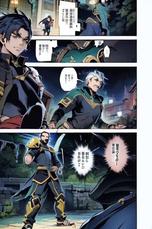 joven ninja con barba y ademas guapo, con un estilo de vestir urbano rapero, esta frente una hermosa, adolescente de cabello en colores verdes, ropa futurista sensual con una arpa de arma de guerra en estilos manga y anime caminando juntos y platicando, getting to know each other, en una ciudad  muy futurista 