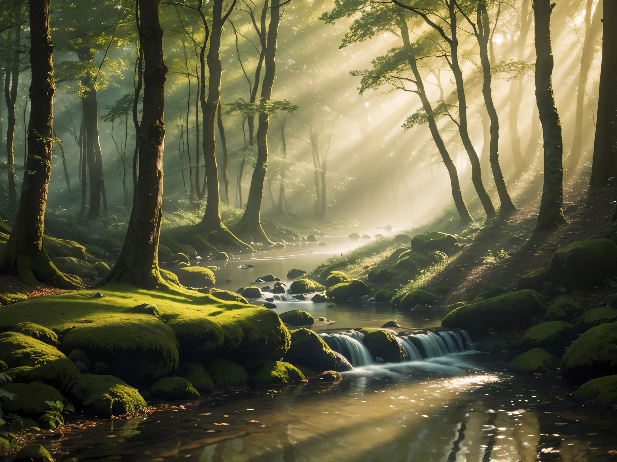 Create an image depicting a serene woodland scene at dawn, where a tranquil stream meanders through the trees, illuminated by the soft light of the rising sun, with gentle mist lingering above the water's surface.