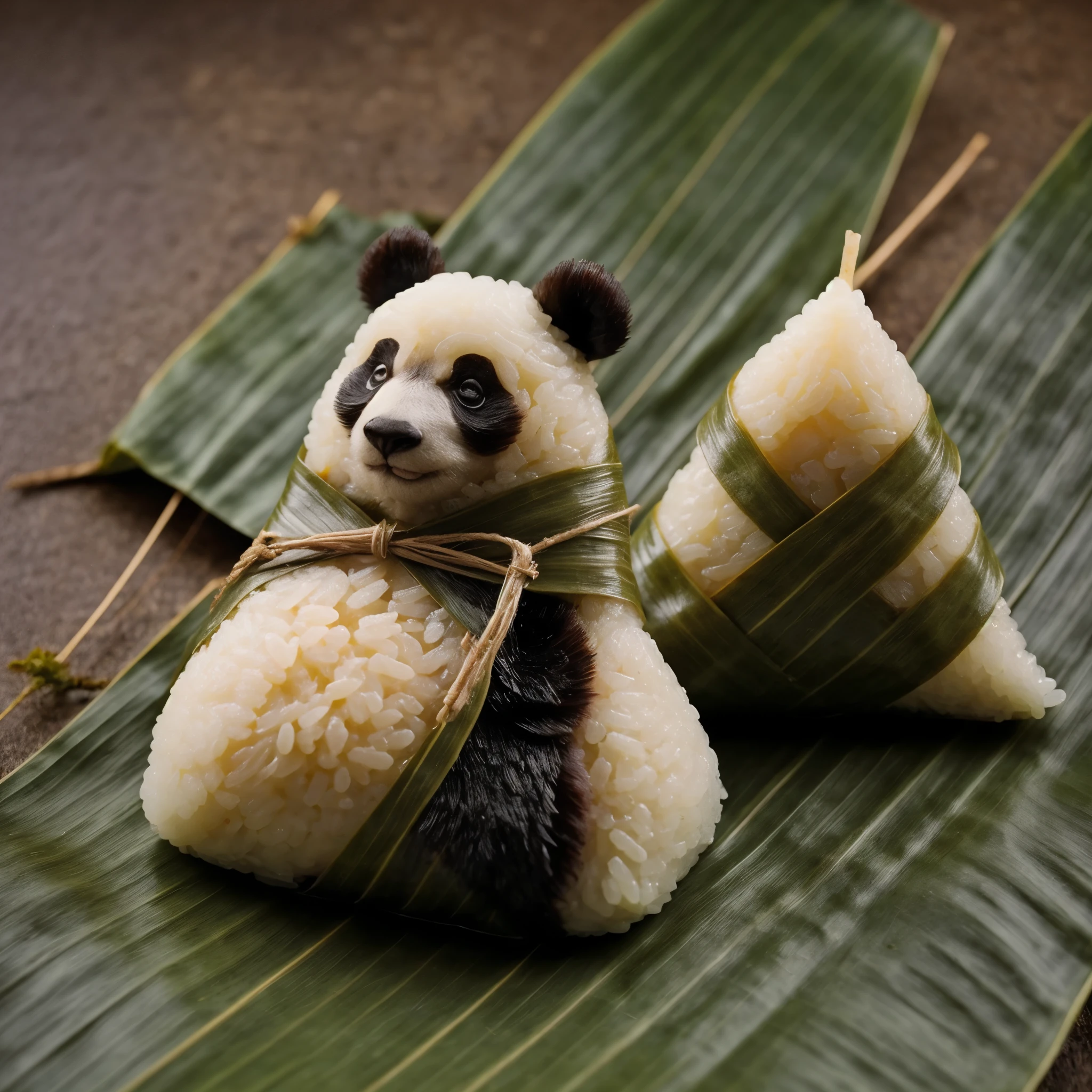 A panda-shaped zongzi, made of glutinous rice, has a cute expression, the lower half of the body is wrapped in tapered leaves, the head sticking out of the leaves, equidistant, cartoon-style, Macro Lens, studio light, nature, soft lighting, film grain, cowboy shot, epiCPhoto