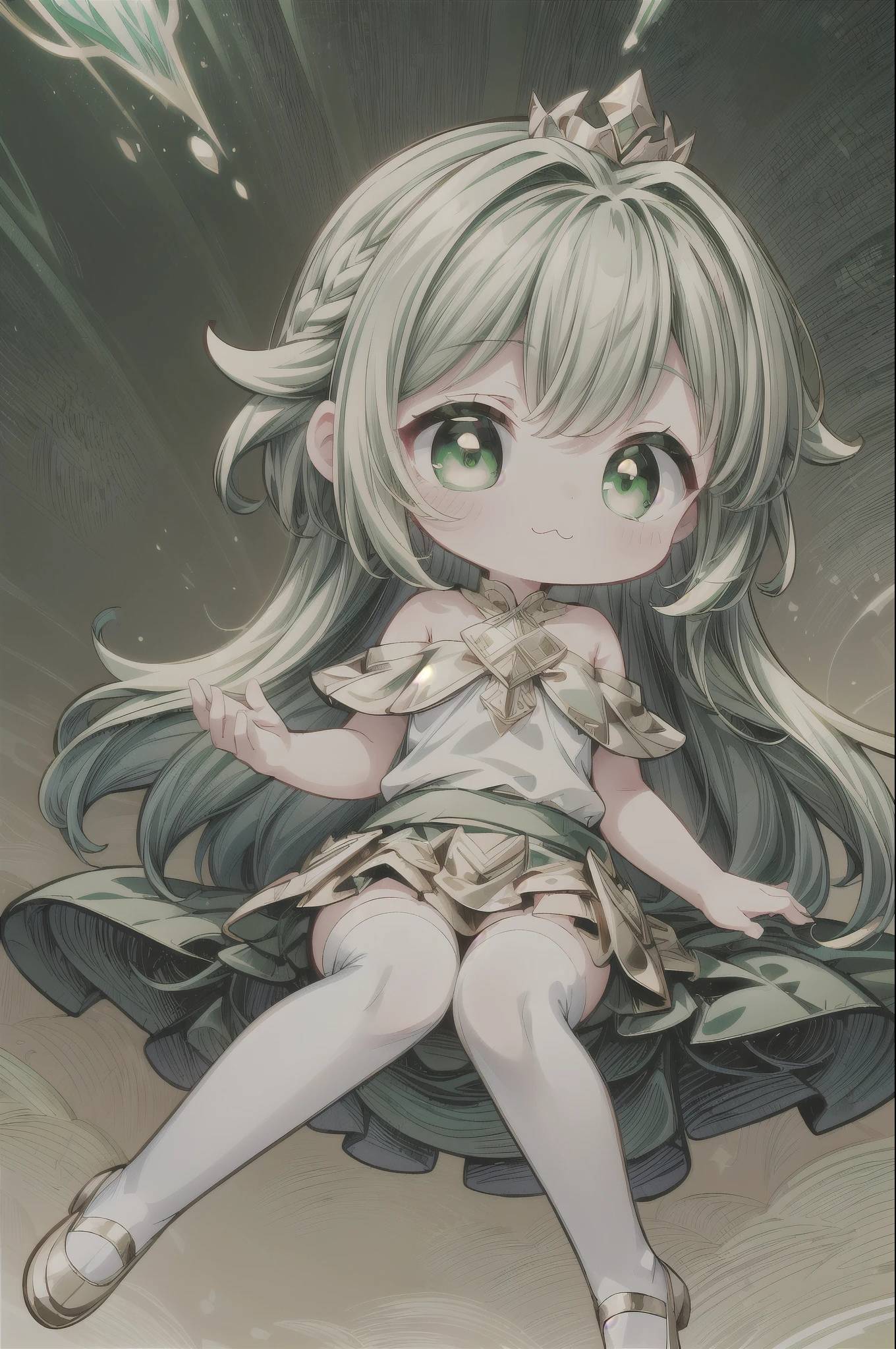 (8k wallpaper,incredibly_absurdres:1.5),(multicolored green nature fairy theme,fairy,goddess,princess,:3:1.3),best quality,Epic,highly detail,Illustration,Cover,album_art,professional_artwork,1girl,(cute:1.5),solo,sitting,long_hair,braid,((Spectacular)), ((Unparalleled)), ((Phenomenal)), ((Exquisite)), ((Astounding)), ((Intricate)), anime, Slice of Life, Heartwarming, Minimal Plot, vector art, Geometric design, Scalable art, Digital vector, ethereal lighting, Dreamlike light, (white and green outfit,gold_miniskirt:1.5), Otherworldly illumination, Transcendent atmosphere, 50mm, Standard lens, Nifty fifty, Versatile focal length,princess,white marble glowing skin,white_stockings,white_off-shoulder_sweater,green_bubble_skirt,(looking_away:1.3),wide_shot,head_tilt,(multicolored_hair,multicolored_clothes,multicolored_eyes,multicolored_background,gold_eyes,green_hair:1.4) entirely naked