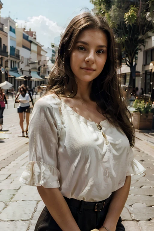 Mujer joven, 20 years, elegante, Brown hair, atractiva, en una plaza, foto selfie tomada desde un iPhone 14 ((mejorar calidad)), ((detallada)) 