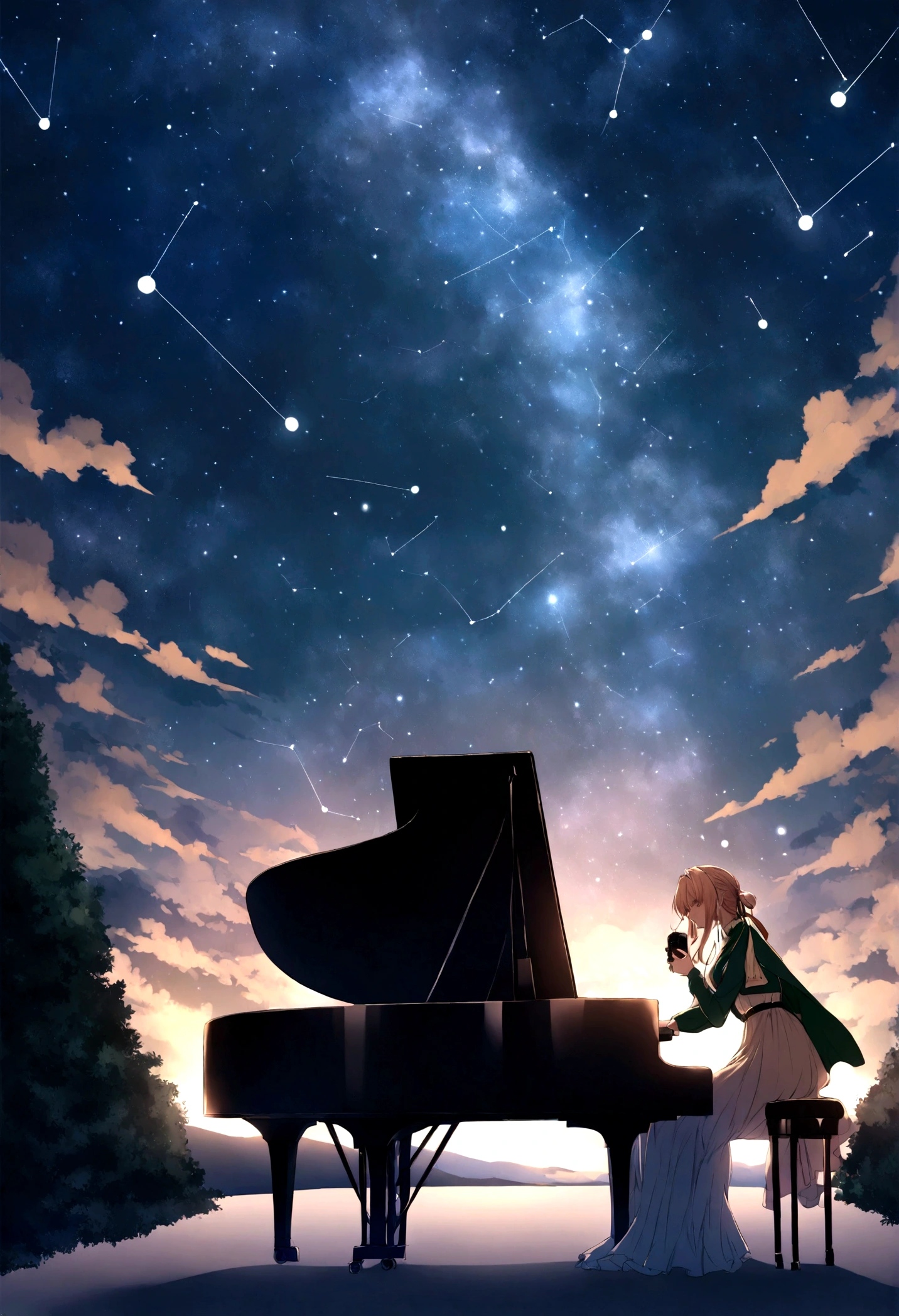 Vast Sky,Starry sky,by shinkai makoto,Grand piano,Pull the camera,Look at the sky,constellation,Violet Evergarden