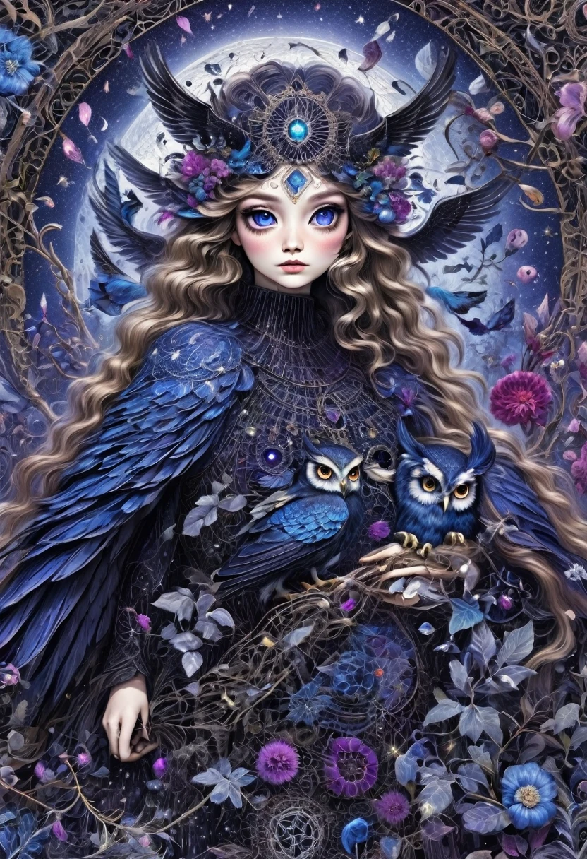 Diamond painting, layering of realities, dark botany, fantasy, a very beautiful bird, shiny eyes, delicate, black glitter scattered, cobalt black, dark indigo magenta,
owls are not what they seem, everything is intertwined, strange bright colored metamorphoses, mysticism, magnificent macrame, a very beautiful, stylish style, dark starry prehistory, runic botany, mysticism, 3d,
ultradetailed high resolution,
ultra HD,
HDR,
digital art,