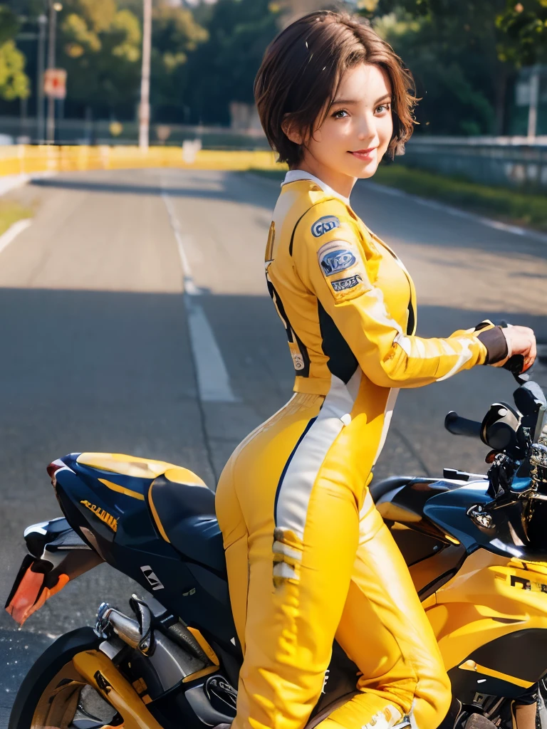 (masterpiece:1.3), (8k, Realistic, RAW Photos, highest quality:1.4), (Realistic face), ((Brown Hair, Very short hair:1.3)), Beautiful Hairstyles, Realistic eyes, Beautiful little blue eyes, (Realistic skin), (Beautiful Skin), ((((Yellow racing suit)))), charm, Ultra-high resolution, Golden Ratio, Long limbs、((smile)), ((Full Body Shot))、(((Riding a motorcycle outdoors)))