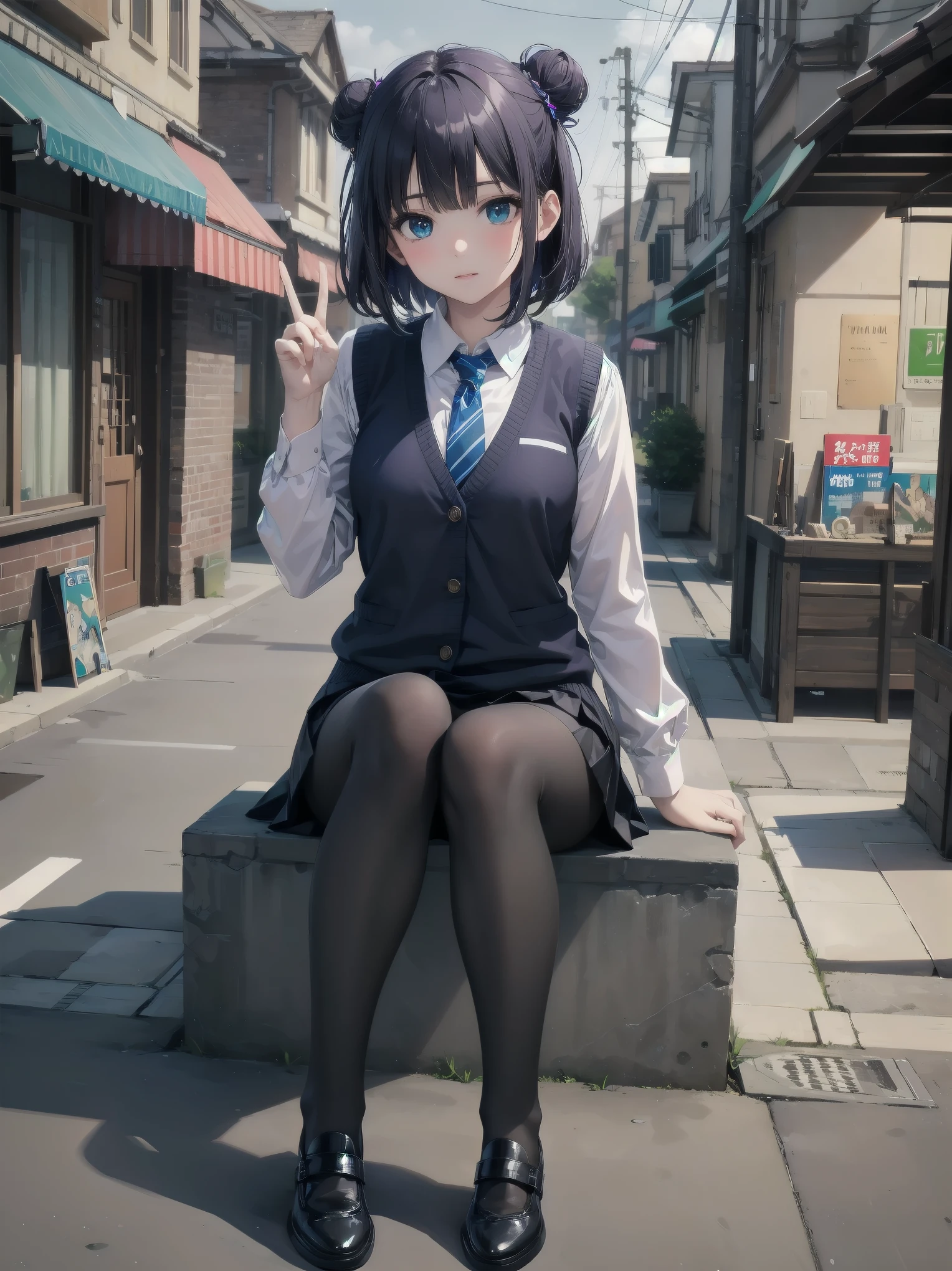 Masterpiece, high quality, high resolution, perfect face, realistic skin texture, young girl, alone, solo, lolita, chibi, feminine fashion, focused gaze, bangs, skirt, long sleeves, uniform, full body, black pantyhose, outdoor, shoes, seraphook, bangs, blurred, stylish skirt, Black pantyhose, hair in a bun, unusual nostalgic view of the world, fine cobblestones, distant background, artistic shading, best illustration of a beautiful woman, resting head, girl making a mocking gesture, movie scene, expressive actor
Blake.

akane kurokawa, 1girl, short hair, blue hair, green eyes, black hair, medium hair, white shirt, collared shirt, , vest, white shirt, sweater vest, black vest, blue necktie, one-length bob, create bangs, add some lightness to the area around the face, and leave the ends of the hair thick throughout. dark blue-purple hair, blue eyes,anime,girl,