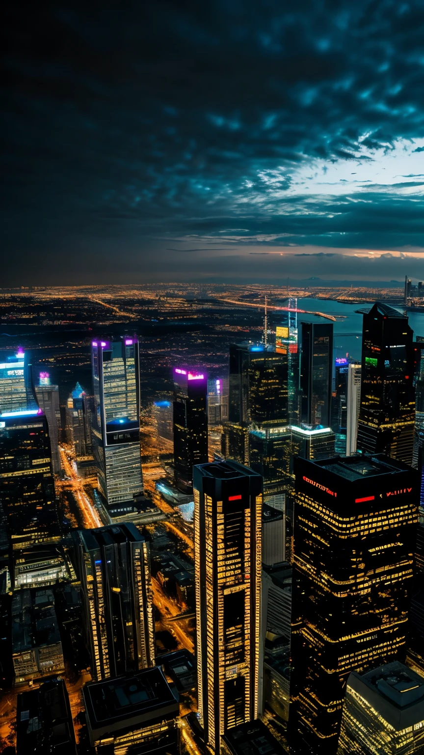 Ultra wide angle shot of the city,Cyberpunk style,High-rise building skyscraper,City of the Future,300px