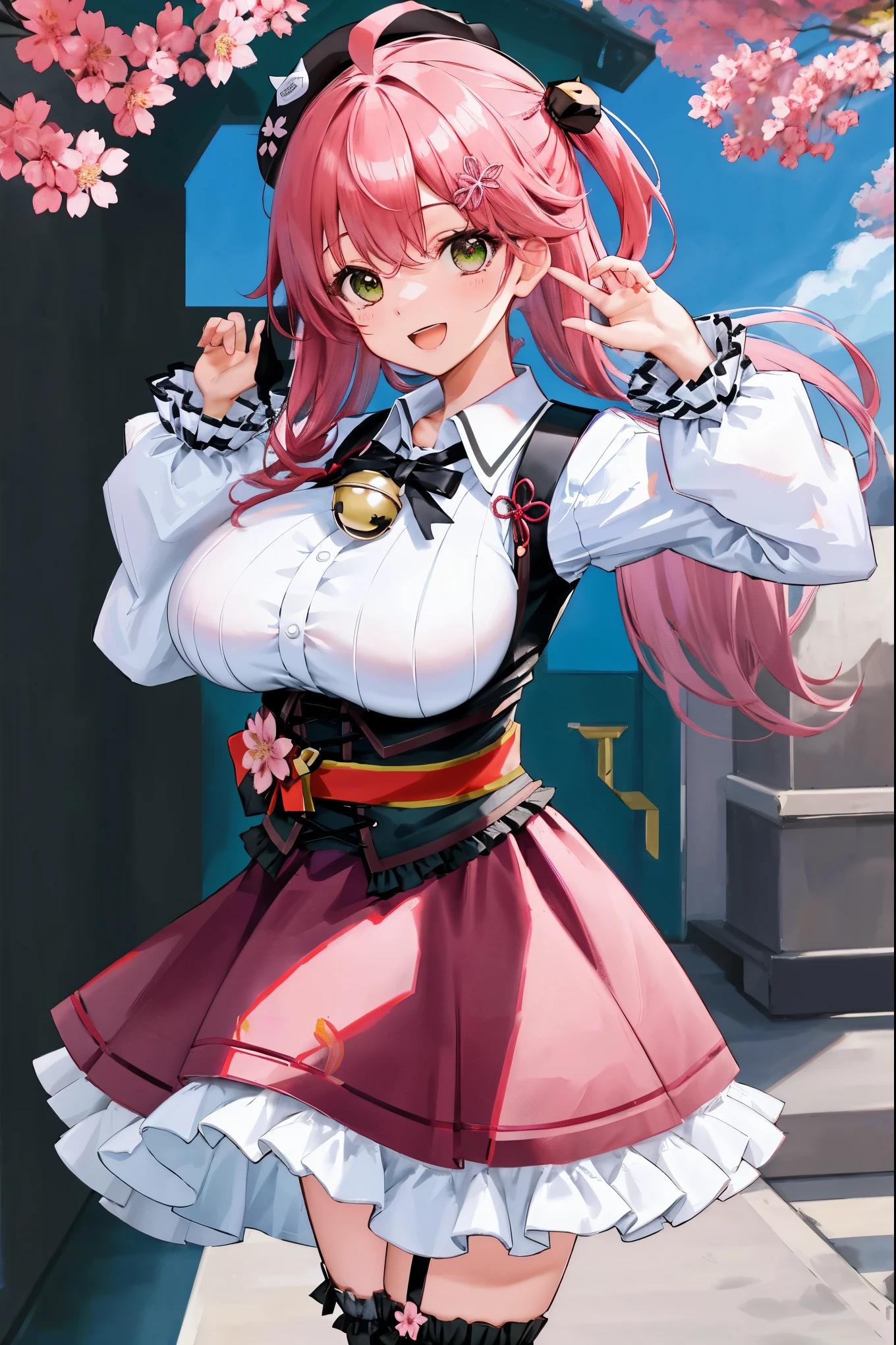 masutepiece, Best_Quality, hight_resolution, miko2,Ponytail, 1girl, Ahoge, black headwear, Hair Ornament, White shirt, black thighhighs, Pink hair, Red_skirt, very_short_skirt, plaid skirts, garter_strap, Collared shirt, hair clips, frilld, Bangs, hair between eye, frills skirt, beret, Pleated skirt, Hair Flower, Neck bell, , puffy long sleeves, Black bow, Underbust, Cowboy Shot,Smile, (gigantic_breasts:1.3),covered_nipples, covered_pussy,green_eyes, happy, childlike_posing,spread_legs,(big_smile:1.2),plump,open_mouth,shout,half_eyes,cherryblossom_park_background,