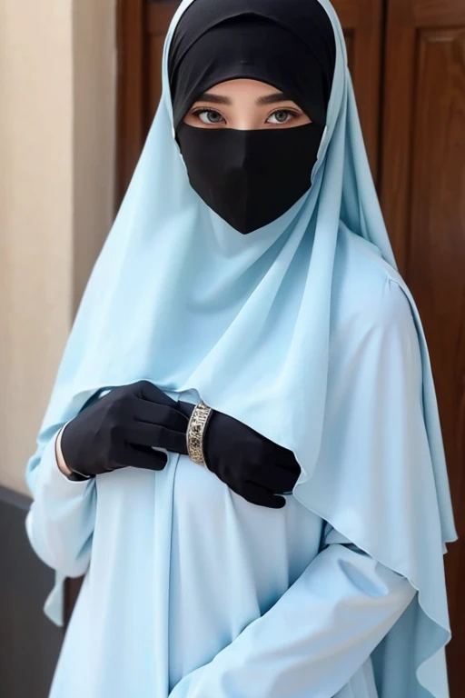 She wears a veil that hides her face.white black Muslim clothes 、Eyes are hidden, open big breast,