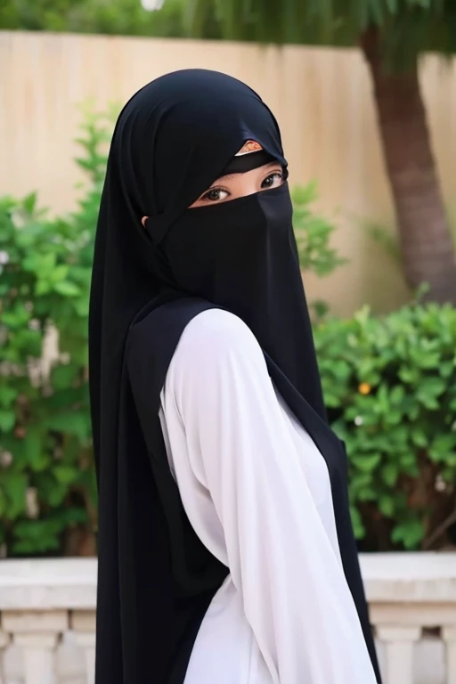 She wears a veil that hides her face.white black Muslim clothes 、Eyes are hidden, open big breast, 