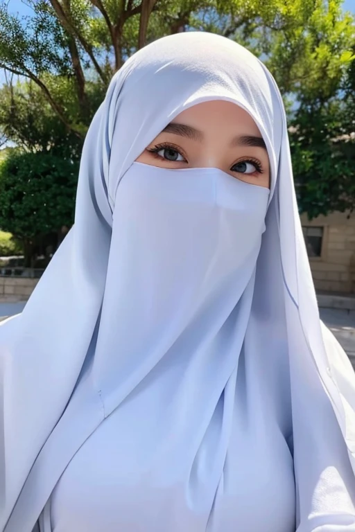 She wears a veil that hides her face.white black Muslim clothes 、Eyes are hidden, open big breast,