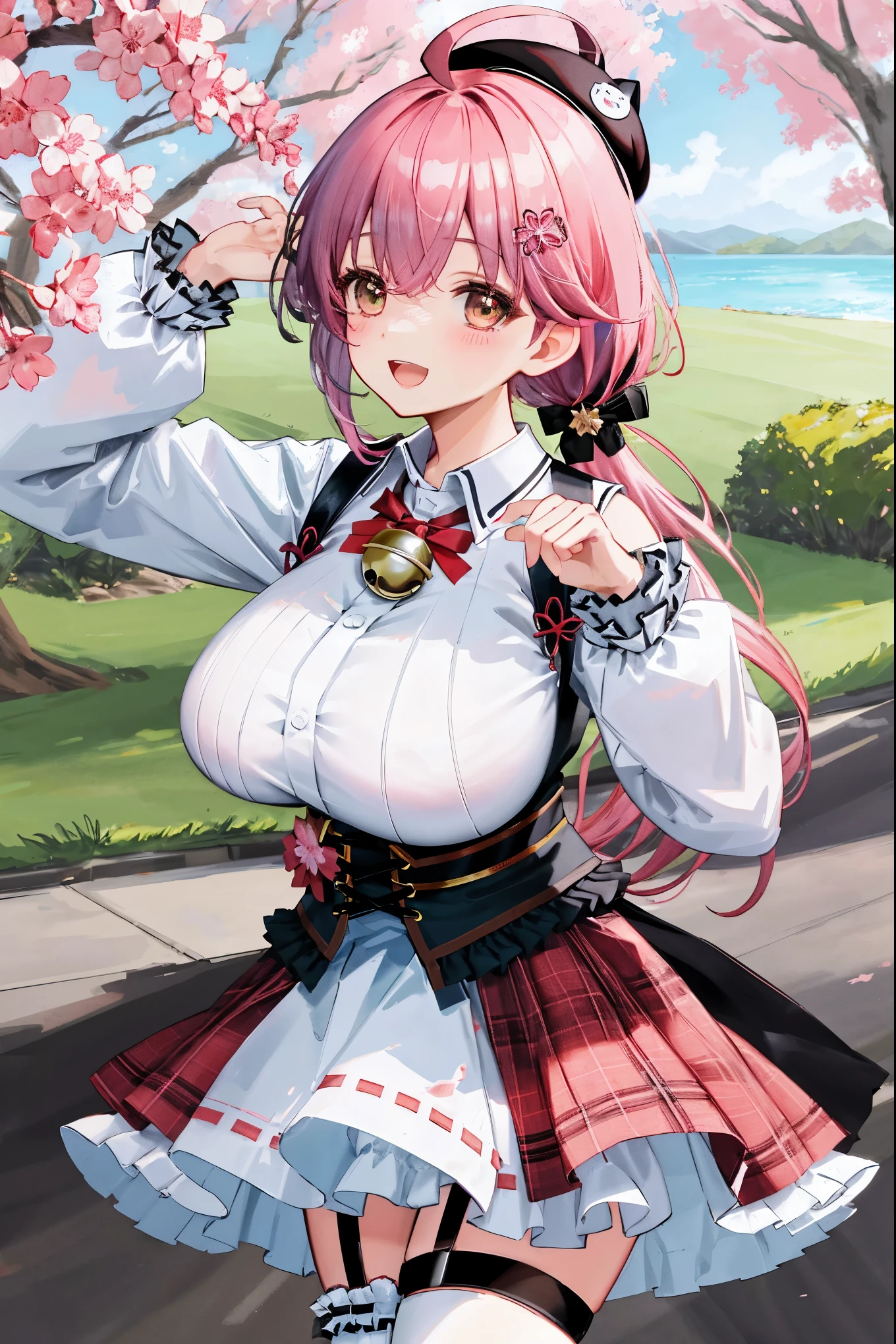 masutepiece, Best_Quality, hight_resolution, miko2,Ponytail, 1girl, Ahoge, black headwear, Hair Ornament, White shirt, black thighhighs, Pink hair, Red_skirt, very_short_skirt, plaid skirts, garter_strap, Collared shirt, hair clips, frilld, Bangs, hair between eye, frills skirt, beret, Pleated skirt, Hair Flower, Neck bell, , puffy long sleeves, Black bow, Underbust, Cowboy Shot,Smile, (gigantic_breasts:1.3),covered_nipples, covered_pussy,green_eyes, happy, childlike_posing,spread_legs,(big_smile:1.2),plump,open_mouth,shout,half_eyes,cherryblossom_park_background,
