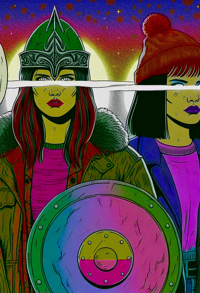 Daria Morgendorffer and Jane Lane as warriors in the style of MTV's animated show Daria, with shield and hatchet, hand-drawn in 90's style, with surreal and absurd elements, no light source, UV rays across face, rich color grading, cel shading, VHS glitch effects, nostalgic 90's vibe, hyperrealistic rotoscope, cinematic, with a background of pine barrens, entropy, magic hour sunset, galaxy stars, cosmos, in expressive ink bold line, with a color palette of bleak, muted, deep, fiery, radiant, glowing ROYGBIV.