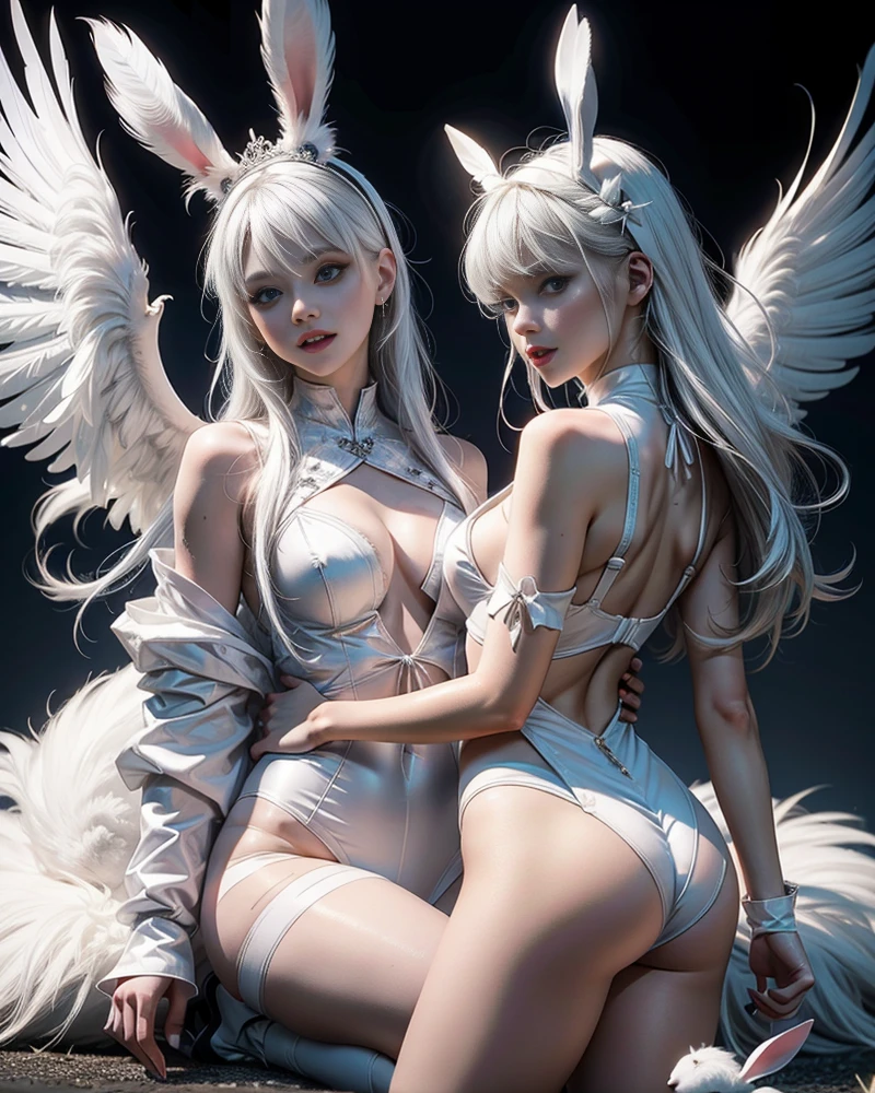White bunny girl, solo, cosplayer, cute, white hair, round blue eyes, freskles on her skin, long fangs, photoshoot set, modeling, cute model, athetic legs, innocent look, scars on her ass, many cameras pointing at her, proffesional modelling set, white clothes, delicate, elegant look, stuffed animals, feathers on the ground, illumimation, best quality, hyperrealism,
