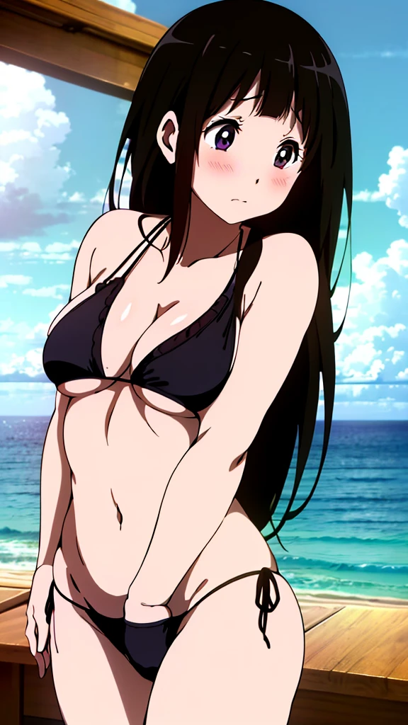 (masterpiece, 4K, highest quality, anime style: 1.9, Detailed face, Lovely, Ocean,Bold Line, High resolution, anime, Lake 4. alone, Curvaceous, slim,Cleavage, Center of chest, Embarrassed face,非常にslimなお腹, Cowboy Shot,(((Black Bikini))),1 girl,Black Hair, Long Hair, chitanda eru,blush,((White skin)),Looking into the camera