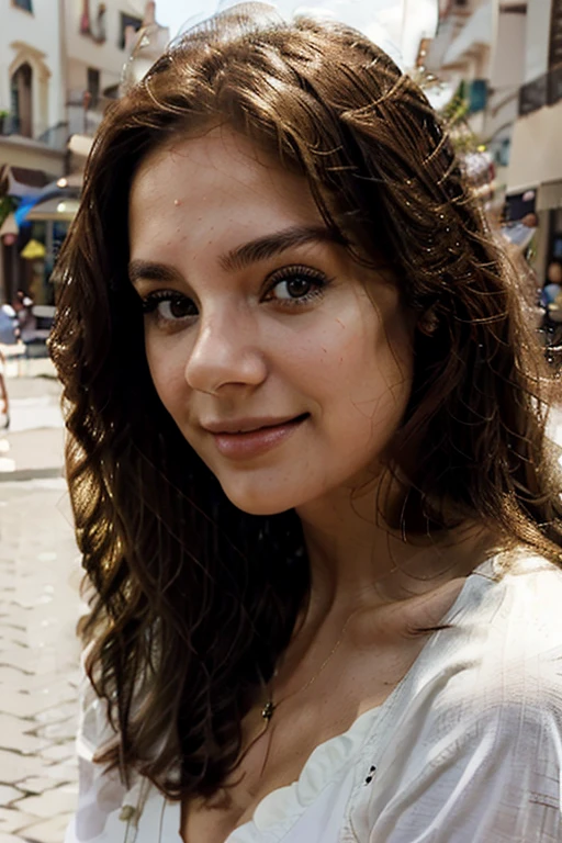 Mujer joven, 20 years, elegante, sonriendo, Brown hair, atractiva, en una plaza, foto selfie tomada desde un iPhone 14 ((mejorar calidad)), ((detallada))