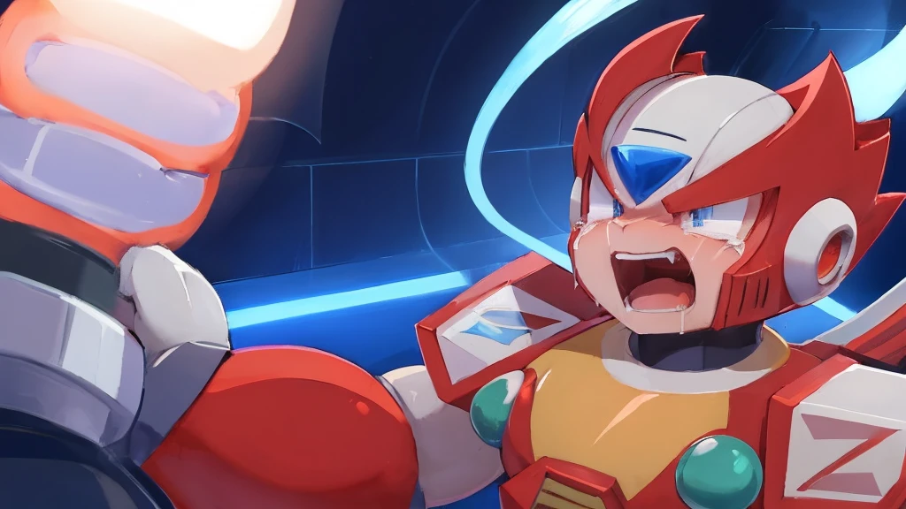 Boy with devilish wings,Wide open mouth,A face contorted in pain,Crying face,Sweaty,A body built like a bodybuilder,Huge erect penis,,Mega Man Zero