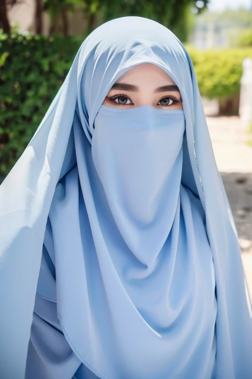 She wears a veil that hides her face.white black Muslim clothes 、Eyes are hidden, open big breast,