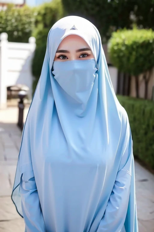 She wears a veil that hides her face.white black Muslim clothes 、Eyes are hidden, open big breast, 