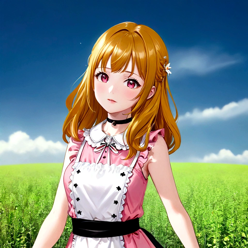 Golden Hair、Golden Eyes、Anime girl in a pink and white dress standing in a field, My Dress Up Darling Anime, realistic Young Anime Girl, render of a cute 3d anime girl, Anime girl in maid outfit, 3d anime girl, Cute Anime Girl, , Anime-style 3D, Young Anime Girl, sakimi chan, Highly detailed characters