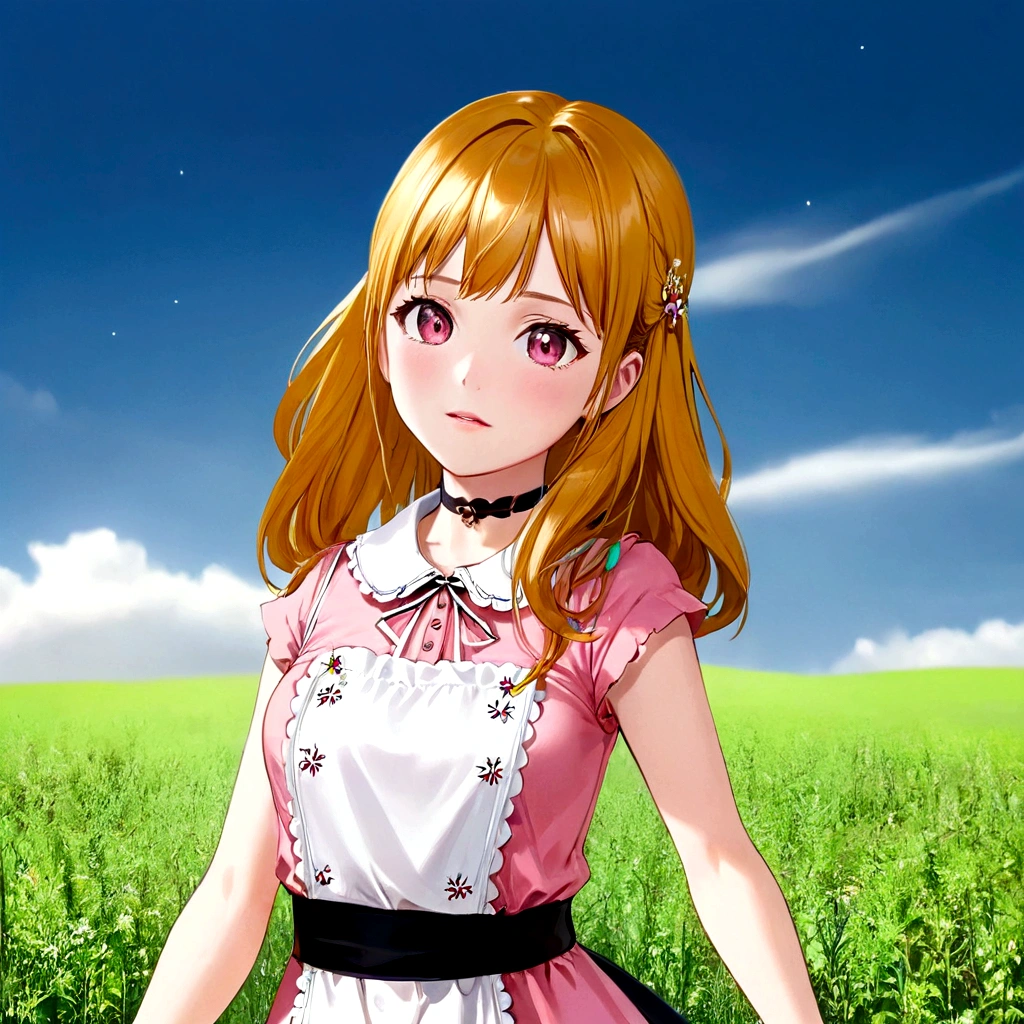 Golden Hair、Golden Eyes、Anime girl in a pink and white dress standing in a field, My Dress Up Darling Anime, realistic Young Anime Girl, render of a cute 3d anime girl, Anime girl in maid outfit, 3d anime girl, Cute Anime Girl, , Anime-style 3D, Young Anime Girl, sakimi chan, Highly detailed characters