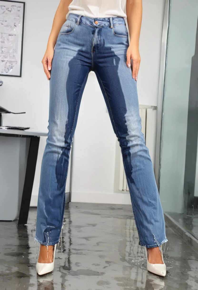 attractive blonde woman wearing  flared leg jeans, high heel pumps, white blouse, standing in an office,  wetting, big smile, pee stains are gleaming wet