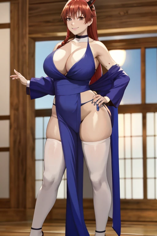 masterpiece, best quality, beautiful art, high resolution, well formed hands, body and fingers, 1 woman, solo, Tania, dragon horns, adult, grown up, big breasted, cleavage, full body, braided long hair, blue_kunoichi_dress, wearing DOA Kasumi's blue kunoichi dress, sleeveless, white stockings, gorgeous legs and thighs, dancing seductively and erotically, turning backwards and forwards, showing her back and front, showing her butt, t-back,, white thong, smiling joyfully, looking at the viewer, flirting, beach environment 