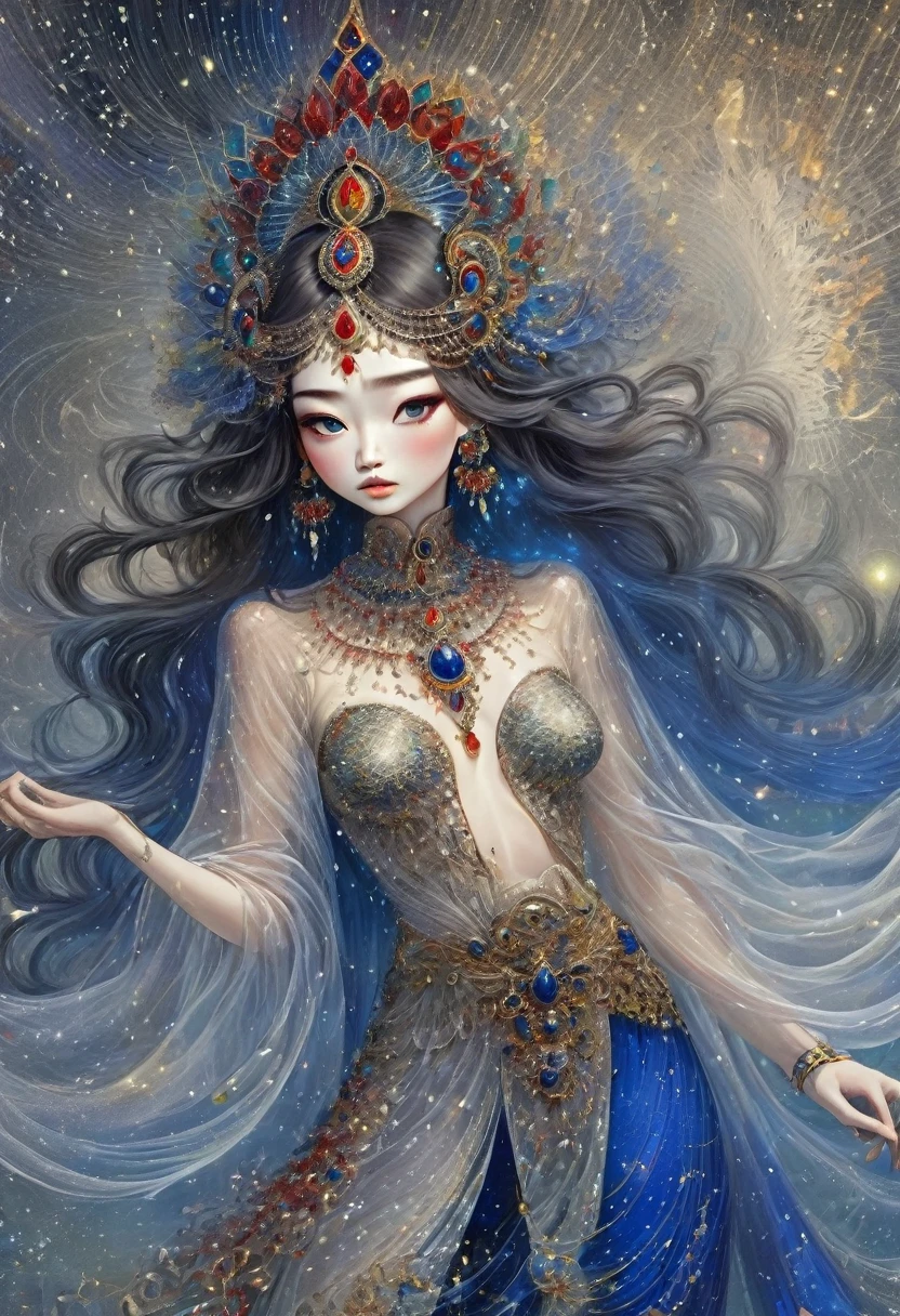 illustration fog, starlight, beautiful oriental dancer, beads and rhinestones in her hair, transparent upper part, the whole body is visible. mystical, beautiful trash art painting clear details, fractals, jewelry, lapis lazuli pearls, rhinestones and threads, fibers,dark red, yellow, green, black, modern art,a new kind of futurism, a field by the campfire, drawing in the style of Alyona Nalivkina