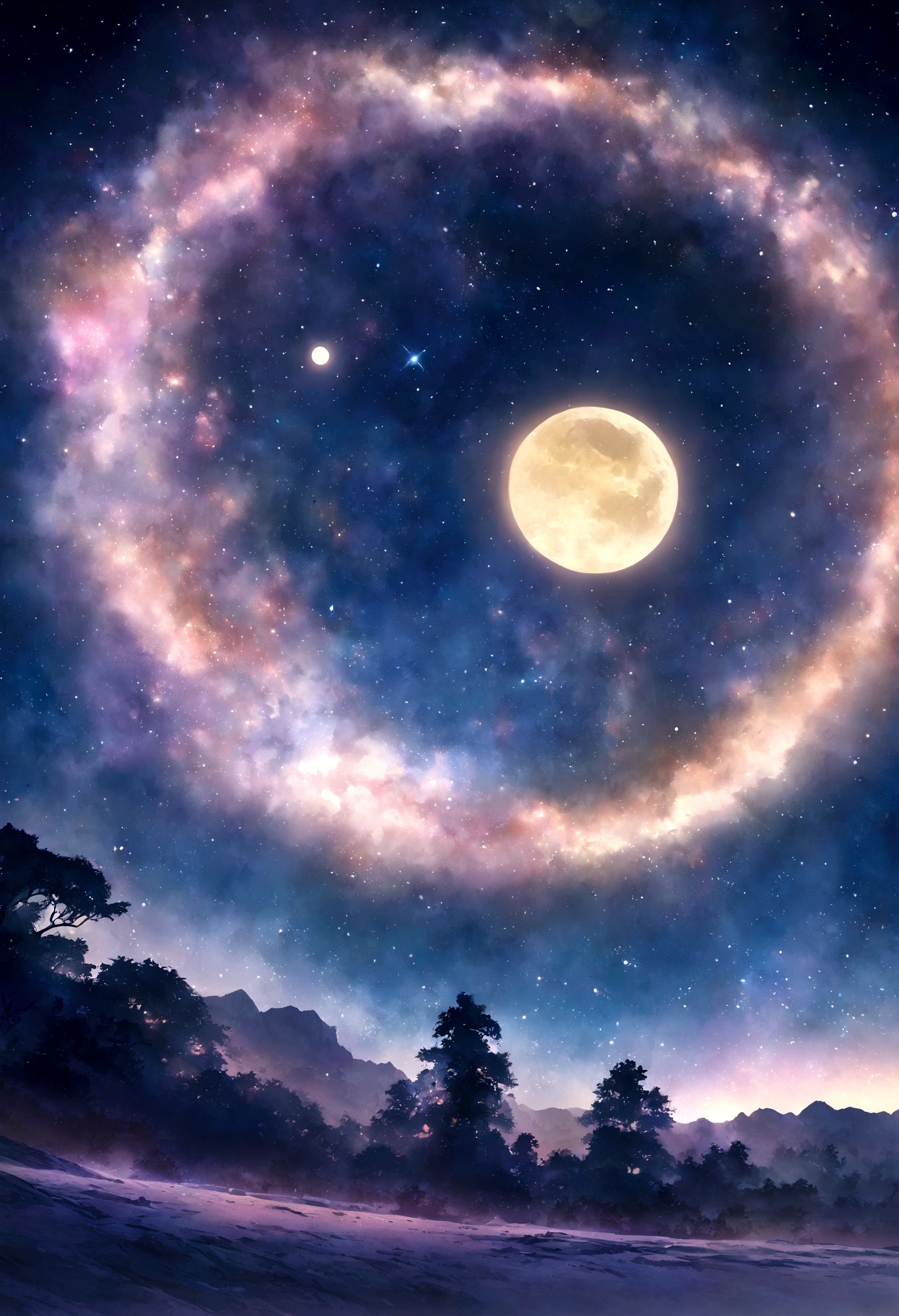 Condensed beauty，Across the sky, Star Moon Photo, Concept art inspired by Tosa Mitsuoki, pixiv Contest Winner, highest quality, Fantasy art, Beautiful anime scene, Bright Moon, Starry Sky environment in moonlight, Dream Painting, Anime Backgroundアート, dream scenery art, Fantastic Nights, Anime Background, Background artwork, Dreamy Art, Atmospheric anime, Starry Sky, Enhanced Detail.