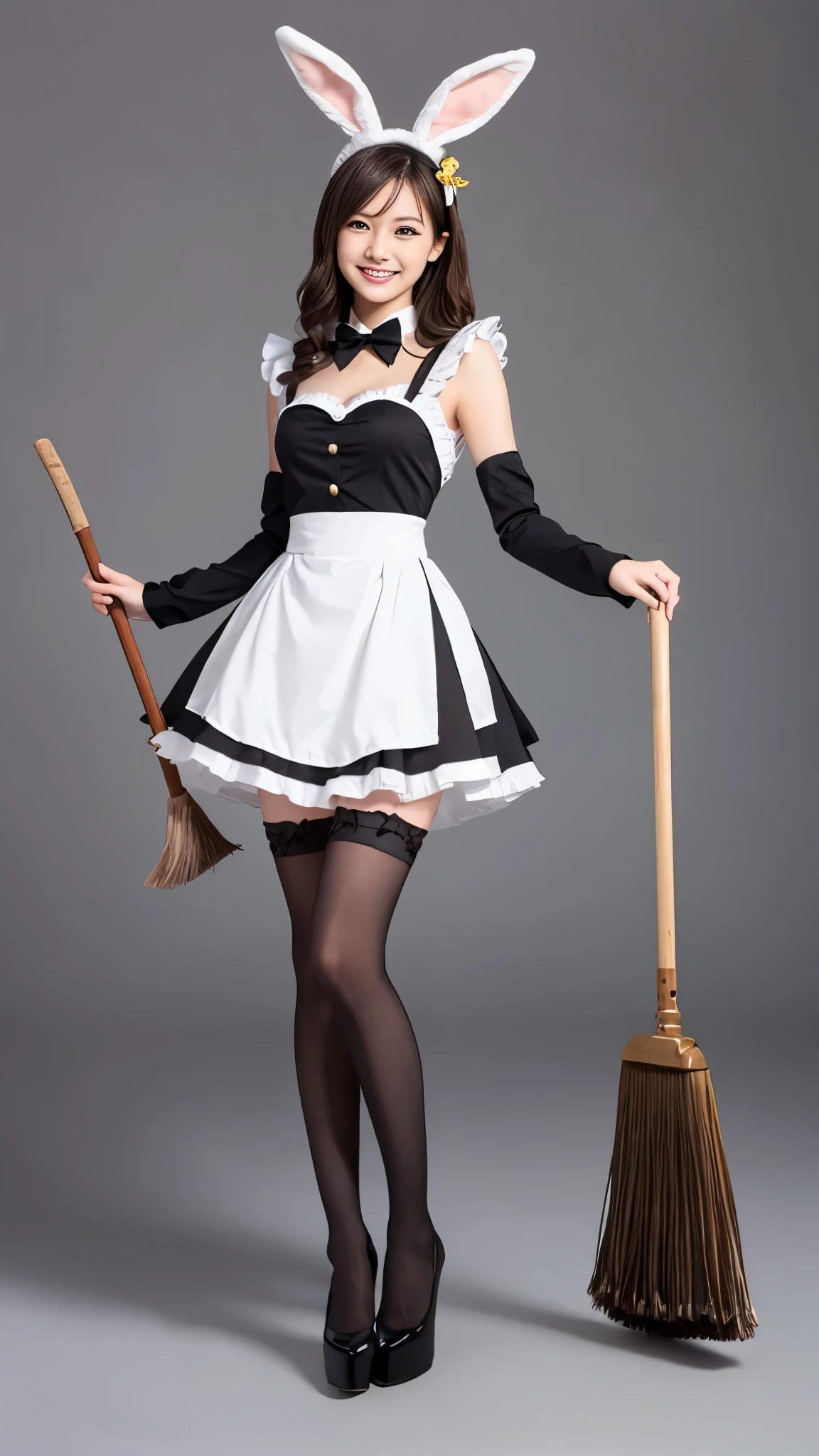 Bunny girl in maid costume:1.5，wear black tights:1.5，The best smile:1.5，Full Body Shot:1.5，Gray background:1.5，Wearing black high heels:1.5，Astride a magic broom:1.2