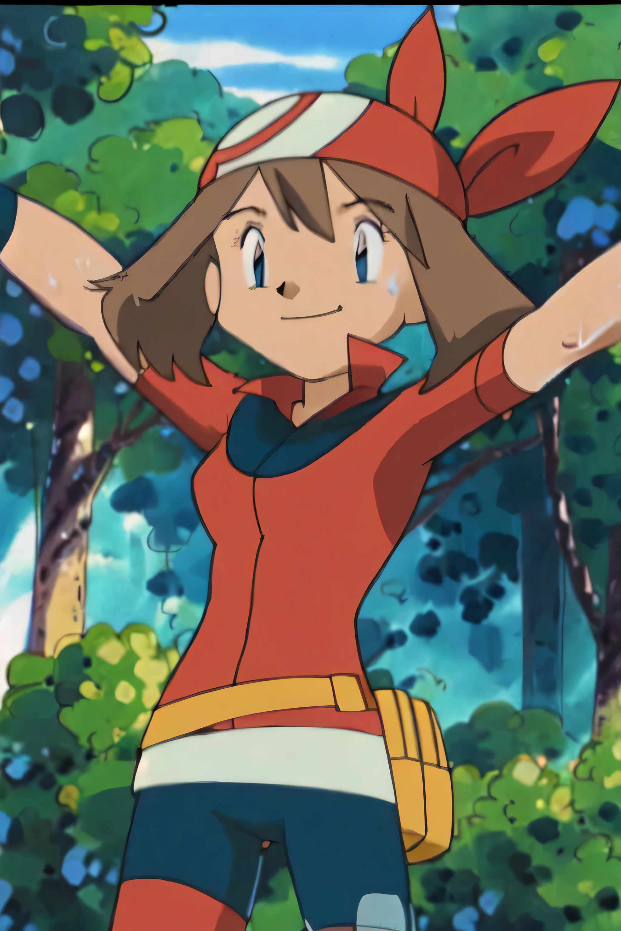 May, sleeveless,red top,sweating,smiling,forest in background, village, blue sky, high quality, masterpiece mature appearance,armpits,sweat,sweaty,sweaty armpits,arms up,showing armpits,awesome armpits,outfit,blackish red arm warmers,maroon arm bands, maroon arm warmers,both arms raised