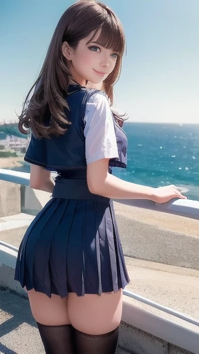 丘の頂上からView of the seaとてもかわいくて美しい女子高生,(Very exquisite beautiful face and eyes:1.2),
(smile:1.15),Cowboy Shot,(Sailor ,Pleated navy blue mini skirt),Black Hair,zettai ryouiki,
(View of the sea,From the top of the hill),There are many houses with red roofs,Detailed landscape,
(highest quality,masterpiece:1.2),Absurd,High resolution,Super detailed,Very detailed,32k,8K resolution,
Intricate details,Movie Scenes,Detailed Background,alone,Dynamic Angle,
Natural light,Hair blowing in the wind,Beautifully detailed skies,
(Realistic),Above the knee shot,Back view,Seen from behind,