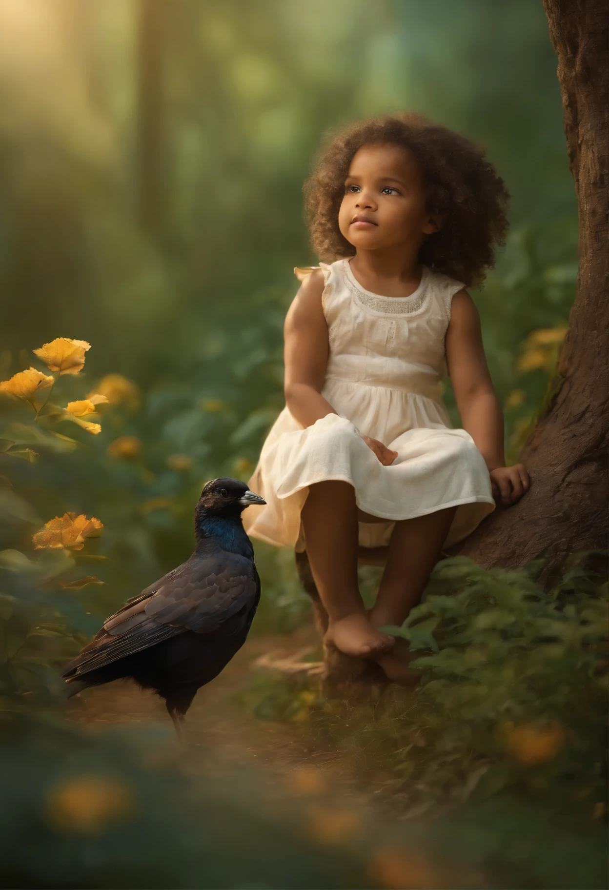 One sunny morning, Maria, a curious black girl, decided to explore the enchanted forest that surrounded her playground. As he walked through the trees, his eyes caught on something on the ground. With cautious steps, she moved and discovered a beautiful little bird with a broken wing. Moved with compassion, Mary took him and kept him and took him home to take care of him until he was cured.