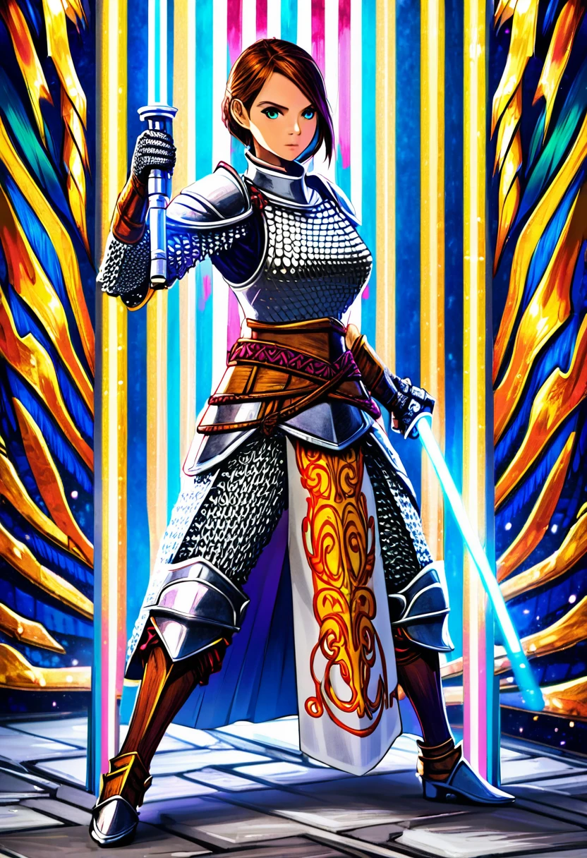 A female warrior, fantasy, ornate chainmail armor, lots of protective colorful clothing, wielding a light saber