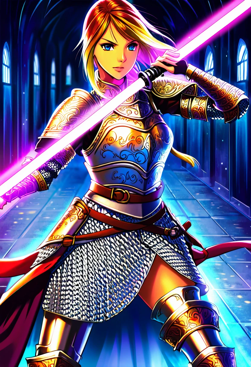 A female warrior, fantasy, ornate chainmail armor, lots of protective colorful clothing, wielding a light saber