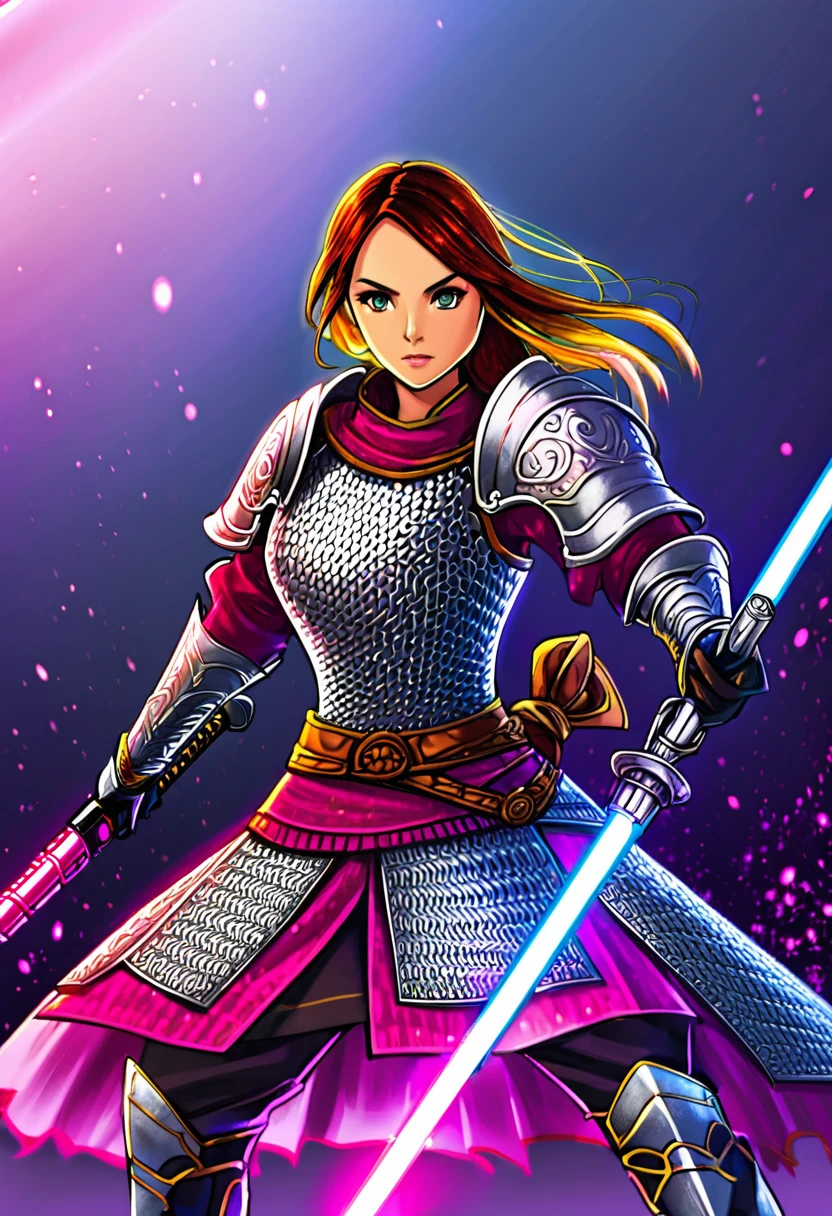 A female warrior, fantasy, ornate chainmail armor, lots of protective colorful clothing, wielding a light saber