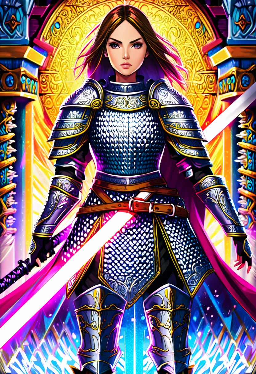 A female warrior, fantasy, ornate chainmail armor, lots of protective colorful clothing, wielding a light saber