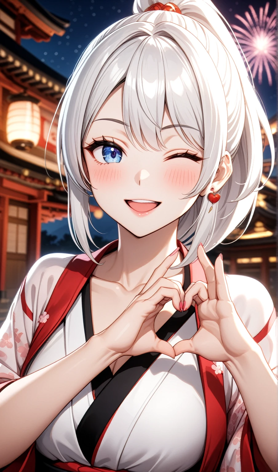 ((one personの女性)), Beautiful Face,Laugh shyly,((Wink:2.0)),Laughing with your mouth open,turn bright red,Glossy pink lips,night,Japanese-style room of the shrine,firework,((Anime style background)),masterpiece, highest quality, so beautiful, Latest, Complex details, (Pink long nails),AI-generated, Complex,High resolution, highest quality, super high quality,3D Images、View your viewers、3D Images,one person,Long white hair,High Ponytail,blue eyes,Anime woman posing for a photo, [[Fine grain、Colorful eyes、Shining Eyes:1.15]],(Squint your eyes:1.1),a hyperRealistic , hyperRealistic , Realistic,Anime woman with long and white hair, Smooth anime CG art, A woman in a colorful kimono with gold embroidery, (Black kimono),Red floral pattern,Long flower hair ornament,Big earrings,(Big Breasts:1.3),Mature Body,expensive,Big Ass,Fine details,Tight waist,Abdominal muscles,(Face close-up:1.5),(Tilt your face:1.8),Shooting from an angle,(A woman making a heart hand sign with their hands in front of their chest:2.0)