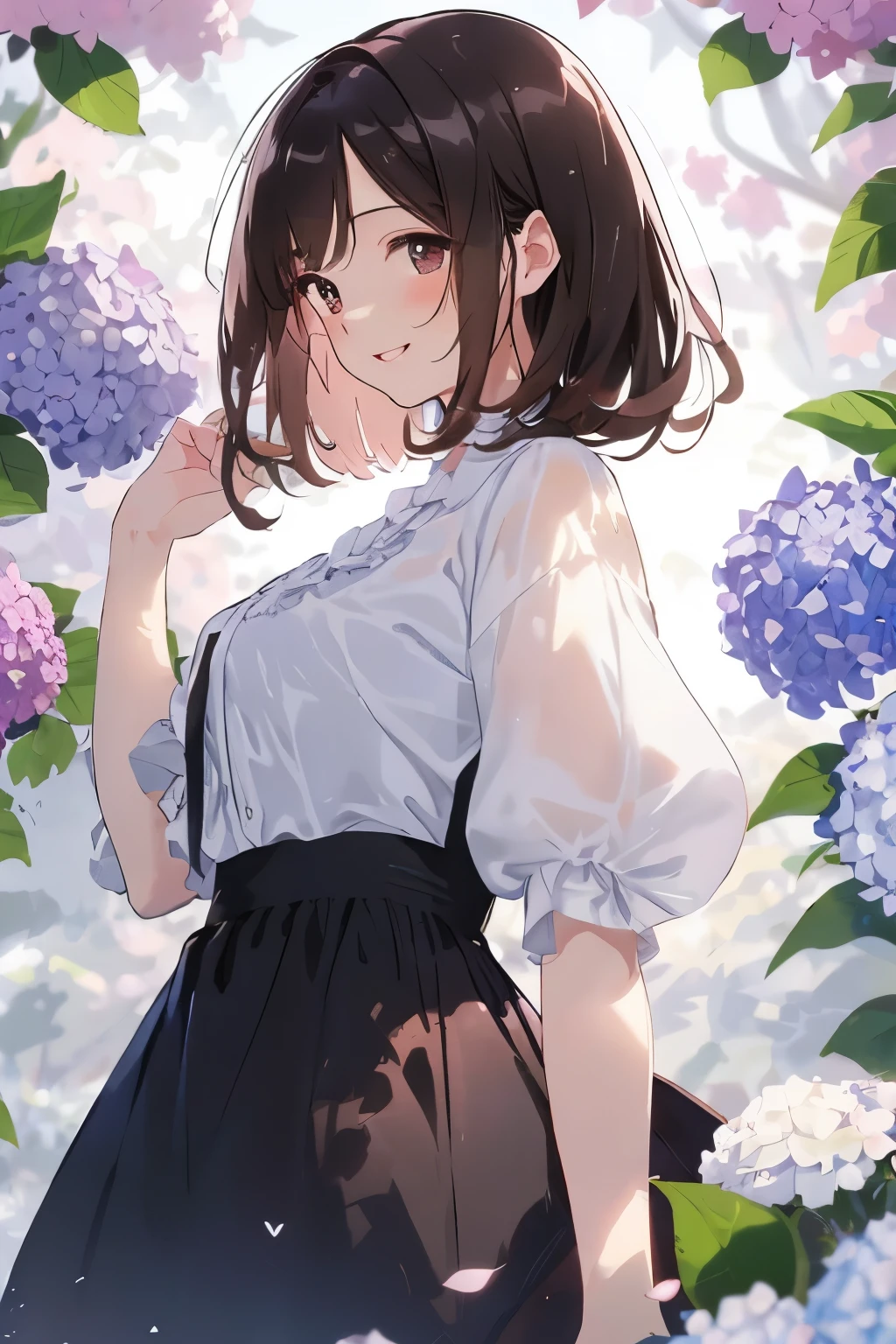 best quality, masterpiece, (solo:1.2), (1 Female:1.2)、Age 25、Larger breasts、(Slender figure)、From the side、sheer white blouse、Checked Skirt、Holding an umbrella、(White highlight in pupil:1.2)、Dark reddish brown eyes、(Black-haired:1.2)、(Medium Hair)、(View your viewers:1.2)、White skin、(blush)、(A shy smile)、(I blur the background a lot to make the woman stand out.:1.3)、Beautiful hydrangea flowers for background、light rain、garden