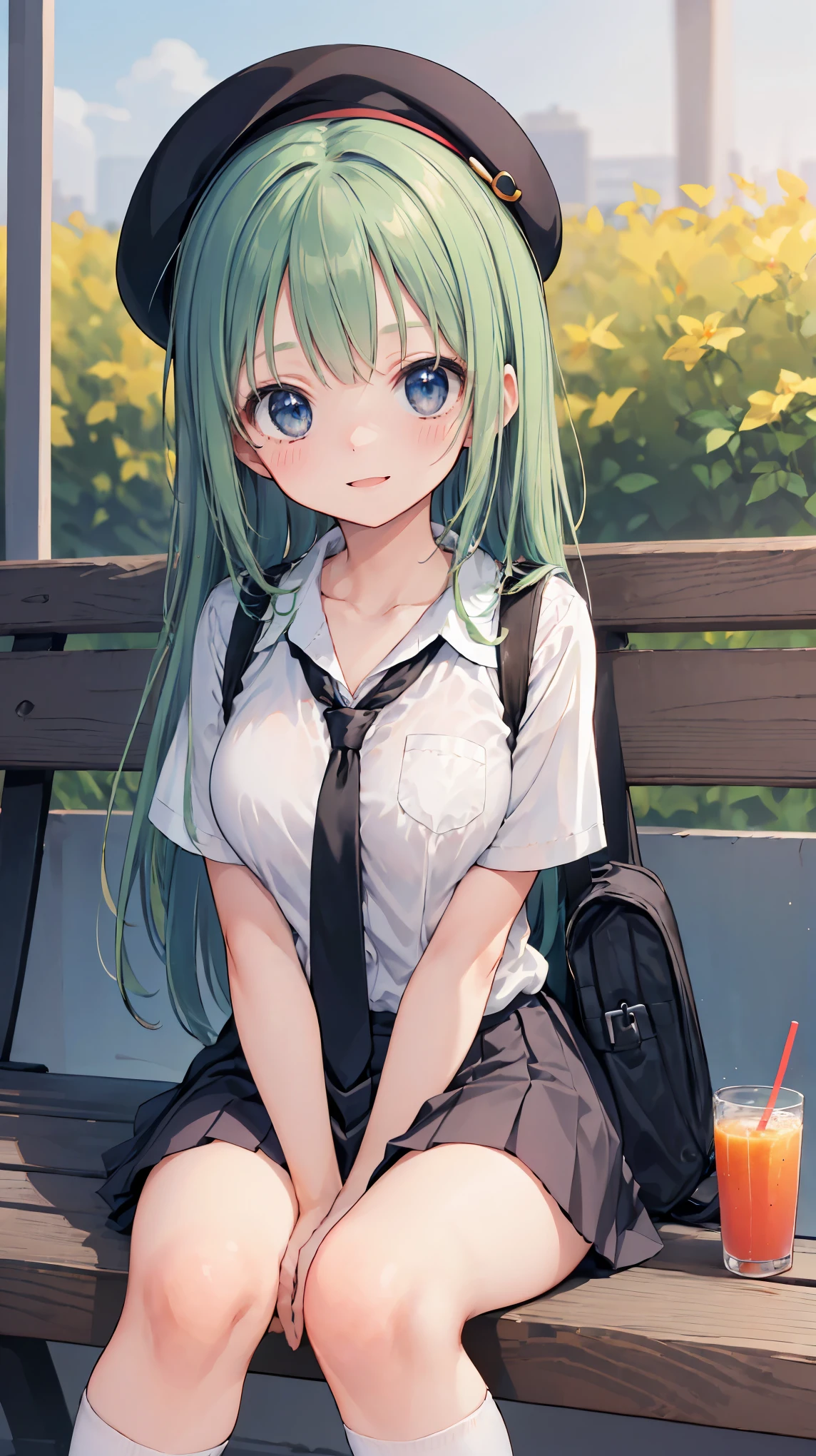 (masterpiece, highest quality), High resolution, Detailed face:1.2, (anime_style:1.2), Sharpness, 4K, A woman taking a photo, happy smile, Panic face, upset, Open your mouth, Long Hair, Green Hair, Straight hair, Fine skin, Beautiful Hands, Beautiful fingers, Wearing a beret, tie, Short sleeve blouse, Pleated skirt, school bag, Thighs, Absolute area, Knee socks, hand between legs,, Daytime, Hot summer day, School, Schoolyard, Sitting on a bench, holding Canned juice, Natural light, Sharp focus, Hasselblad Photography, Cinema Lighting, whole body, Canned juice,