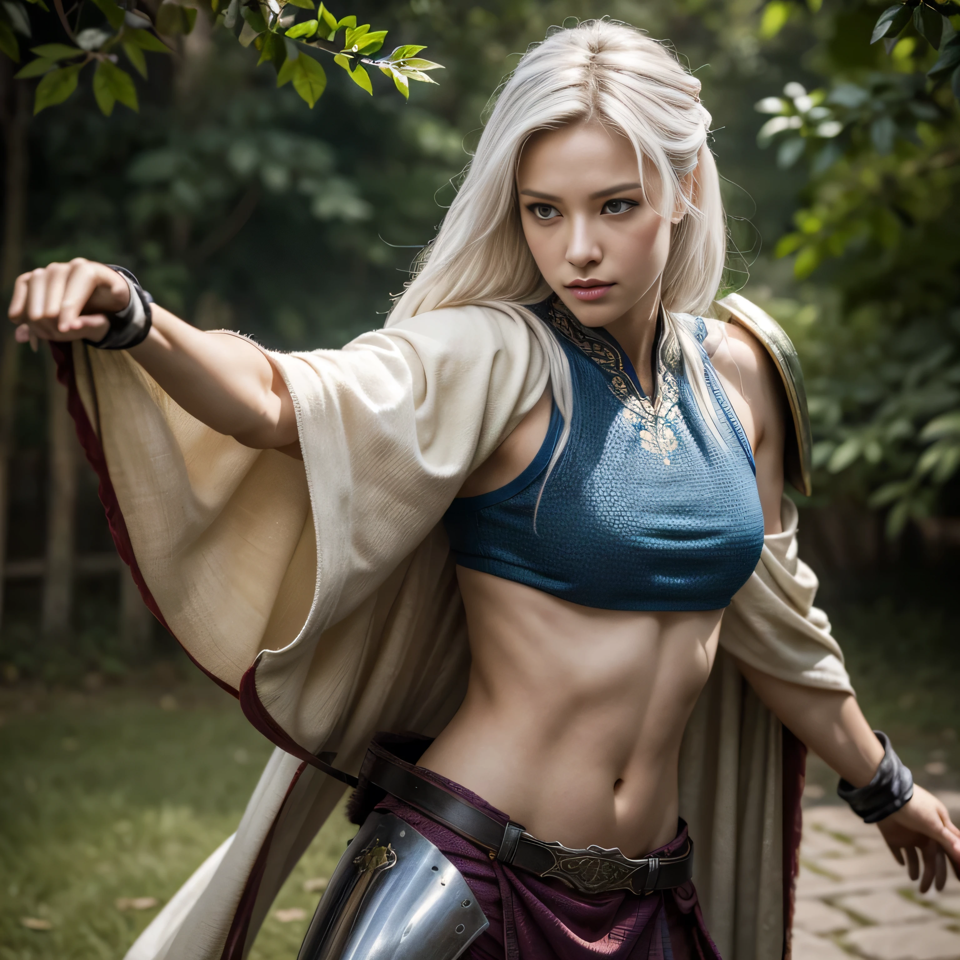 photorealistic, masterpiece, photorealistic, high resolution, soft light, butts up, blue eyes, white hair, long hair, Intricate details EABA, cloaks, short steel claws, Royal Shogun, Armor, warrior, leaves floated around