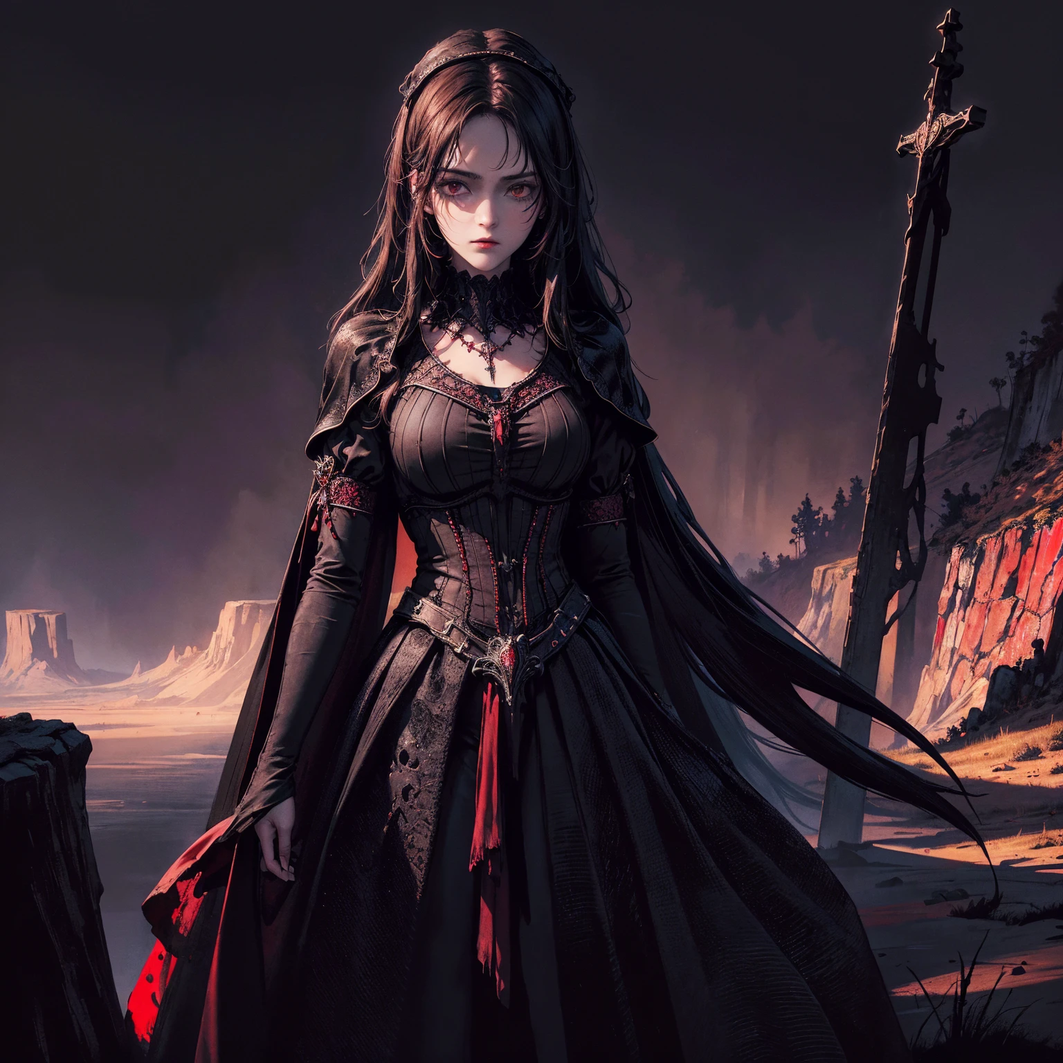 best quality, 4k, High resolution, masterpiece:1.2, Extremely detailed, Practical:1.37, Mood lighting, girl, Crucified, Pitch black sky, Red Moonlight, Weird atmosphere, Gothic style, Unforgettable beauty, Dramatic shadows, Ethereal Light, Mysterious atmosphere.