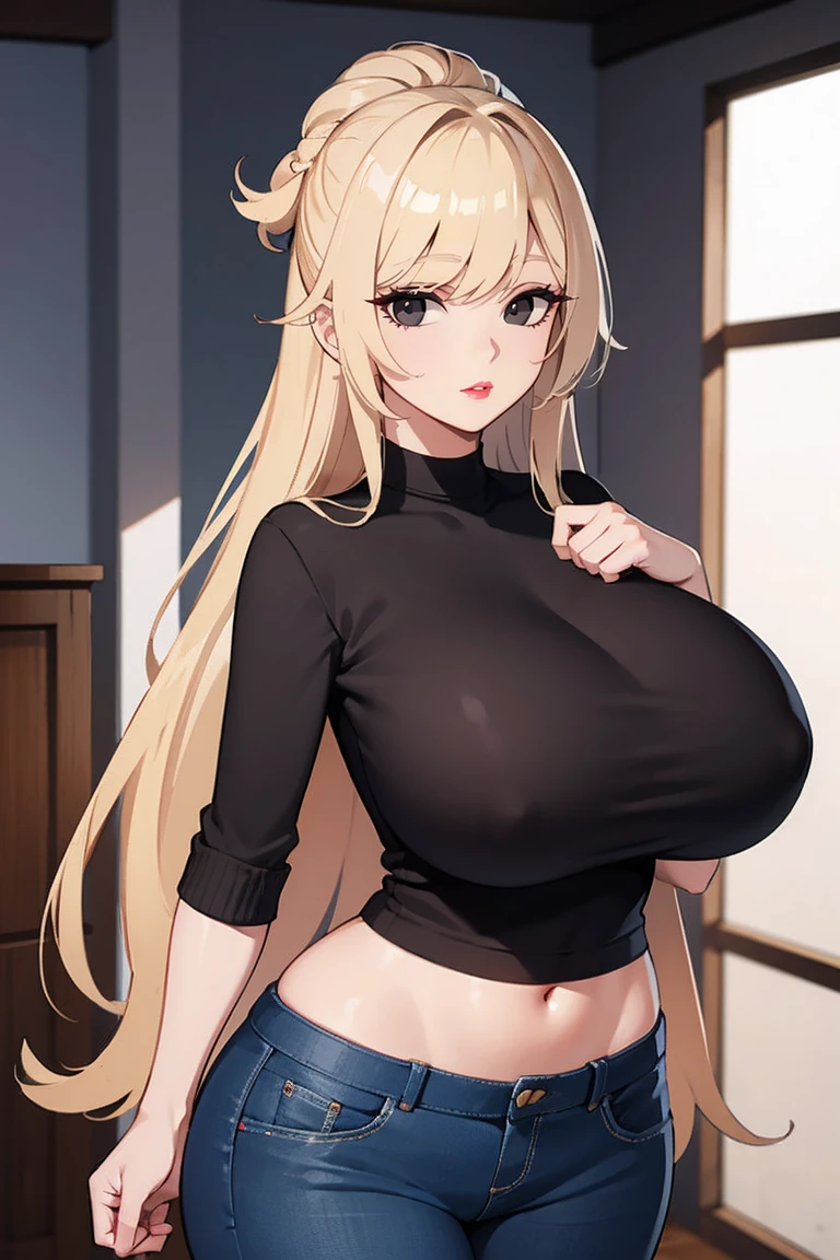 (Uhd, Masterpiece, Textured Skin, Super Detail, High Details, High Quality, Best Quality), Detailed Face, 1woman, mature pretty woman:1.5, ((Wide hips, thick thighs, massive huge breasts)), Blonde hair tied up, (Black sweater shirt), jeans, (Huge Body), (Hair tied up with side bangs)