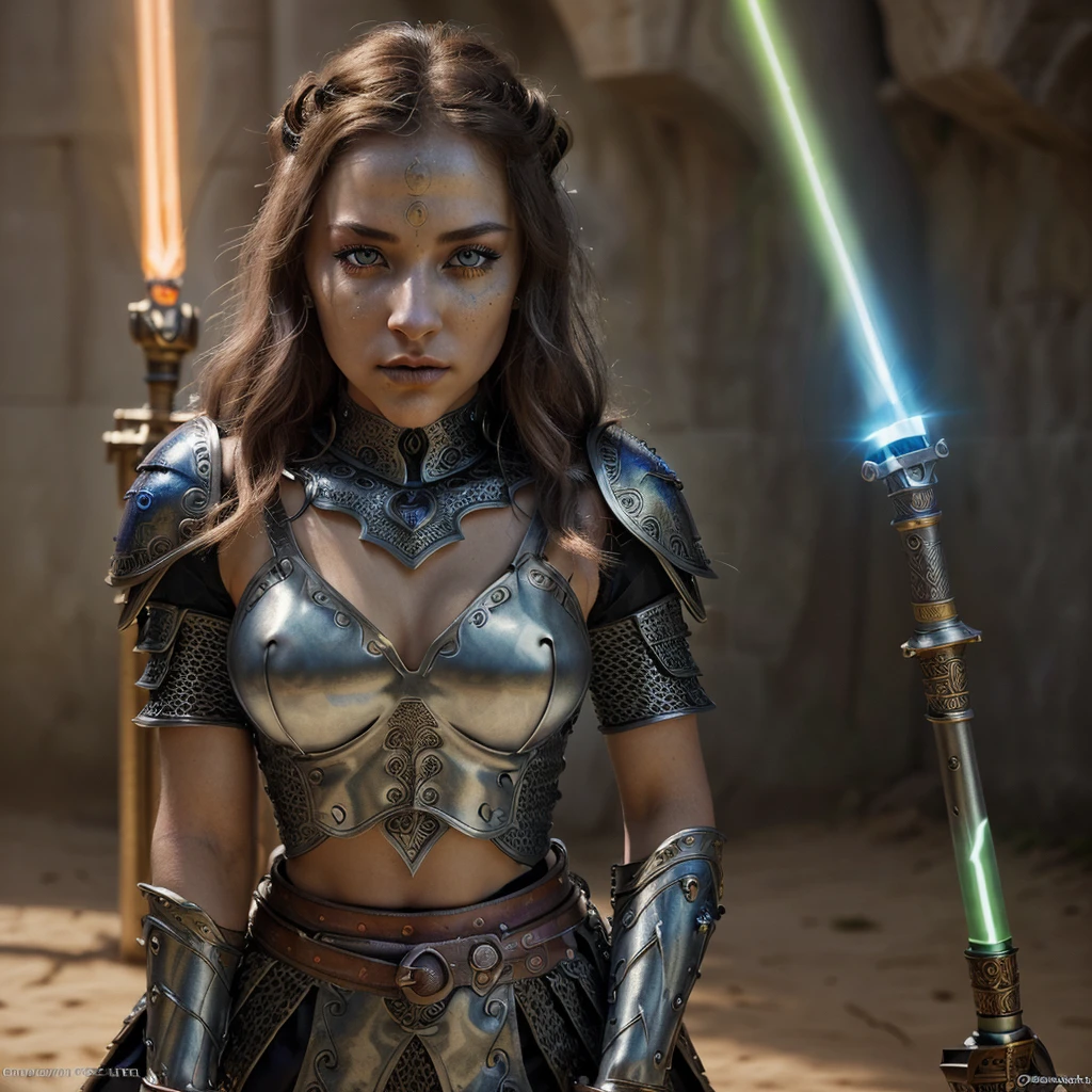 A female warrior, fantasy, ornate chainmail armor, lots of protective colorful clothing, wielding a light saber, beautiful detailed eyes, beautiful detailed lips, extremely detailed eyes and face, long eyelashes, intricate design, cinematic lighting, vibrant colors, epic fantasy, dramatic pose, dynamic action, photorealistic, 8k, ultra-detailed, masterpiece