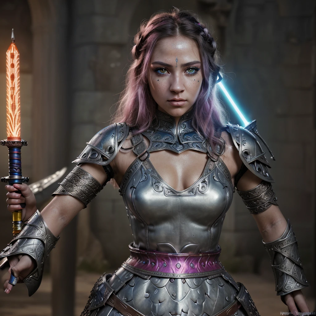 A female warrior, fantasy, ornate chainmail armor, lots of protective colorful clothing, wielding a light saber, beautiful detailed eyes, beautiful detailed lips, extremely detailed eyes and face, long eyelashes, intricate design, cinematic lighting, vibrant colors, epic fantasy, dramatic pose, dynamic action, photorealistic, 8k, ultra-detailed, masterpiece