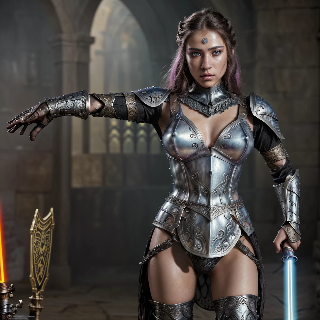 A female warrior, fantasy, ornate chainmail armor, lots of protective colorful clothing, wielding a light saber, beautiful detailed eyes, beautiful detailed lips, extremely detailed eyes and face, long eyelashes, intricate design, cinematic lighting, vibrant colors, epic fantasy, dramatic pose, dynamic action, photorealistic, 8k, ultra-detailed, masterpiece