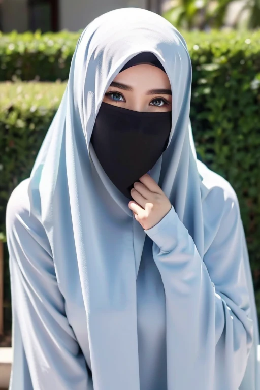 She wears a veil that hides her face.white black Muslim clothes 、Eyes are hidden, open big breast, sexy