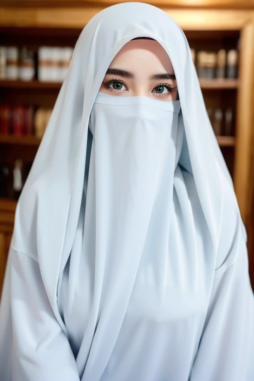 She wears a veil that hides her face.white black Muslim clothes 、Eyes are hidden, open big breast, sexy