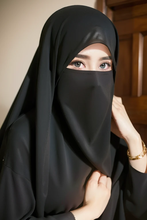 She wears a veil that hides her face.white black Muslim clothes 、Eyes are hidden, open big breast, sexy