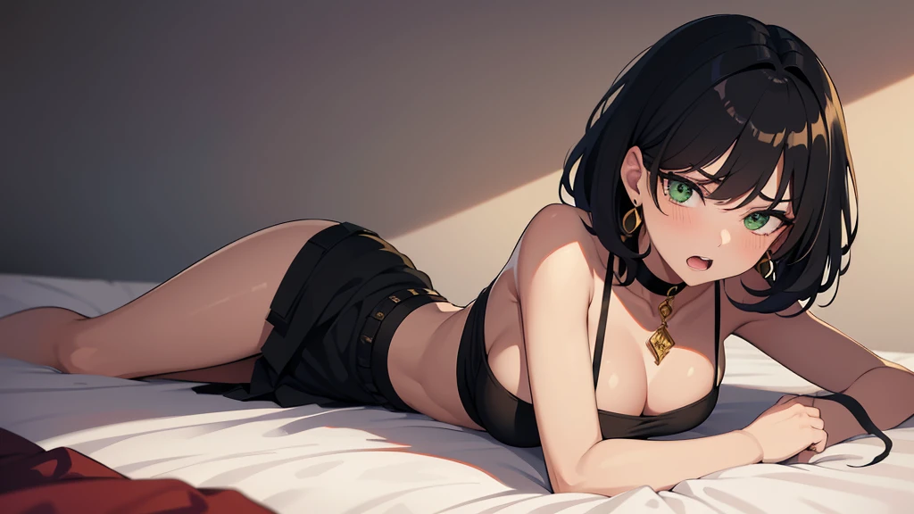 POV amazoness girl, laying down on the bed, tanned, prone position, looking back, short messy black hair, open mouth, wearing golden jewelry, long bang covering one eye, naughty green eyes, serious, medium breasts, wearing a warrior top and skirt, choker, earrings, (best quality:1.2), (absurdres:1.2), (detailed background)